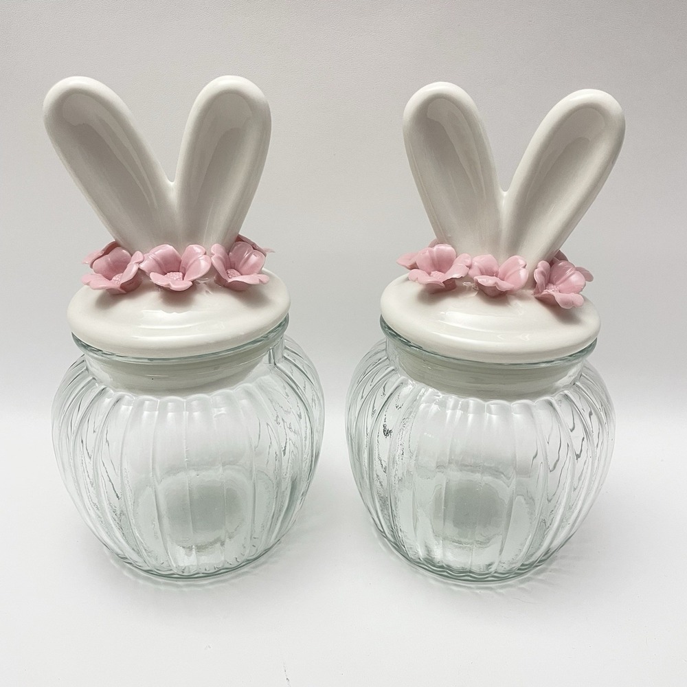 Set Of 2 Floral White Bunny Ears Easter Jars Pink Flowers Glass Ceramic 7"